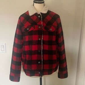 C’est Toi  Red Buffalo Plaid faux fur -Lined Button Down jacket women size small